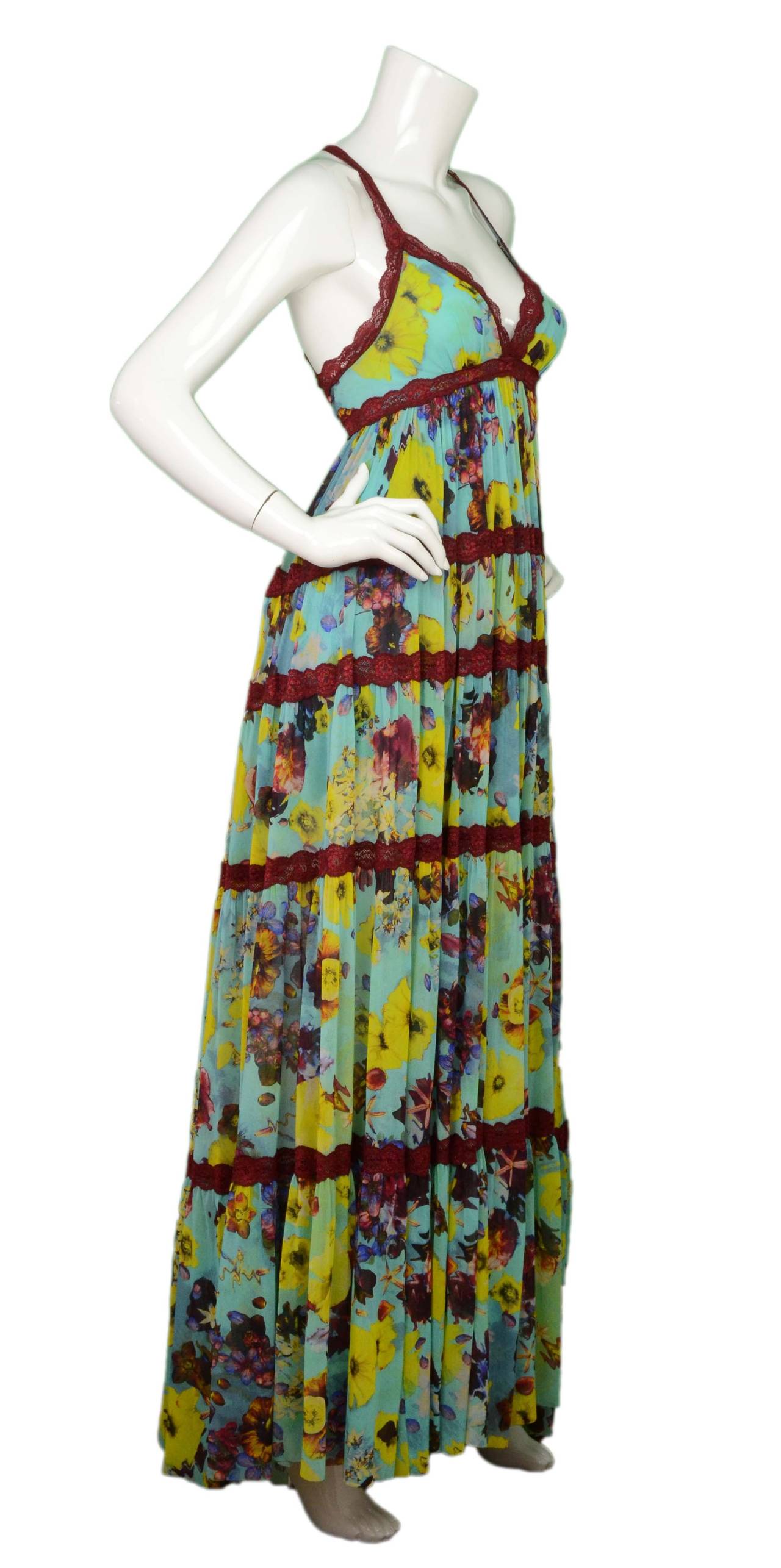 Jean Paul Gaultier Teal Floral Print Maxi Dress 
Features burgundy lace trim throughout
Made In: Italy
Color: Teal, yellow, burgundy and blue
Composition: 100% nylon
Lining: None
Closure/Opening: Pull over
Exterior Pockets: None
Interior
