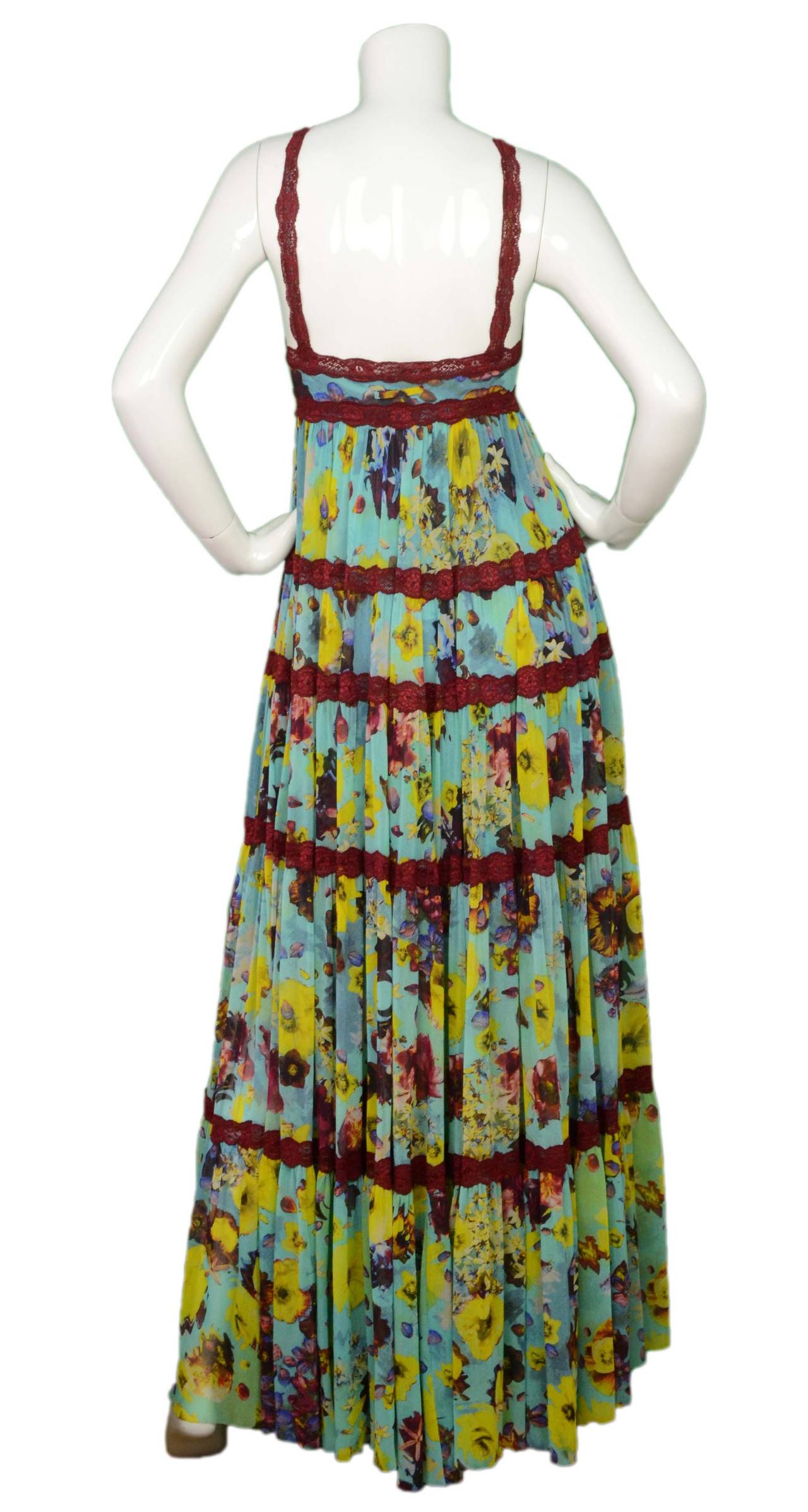 Jean Paul Gaultier Teal Floral Print Maxi Dress sz S In Excellent Condition In New York, NY