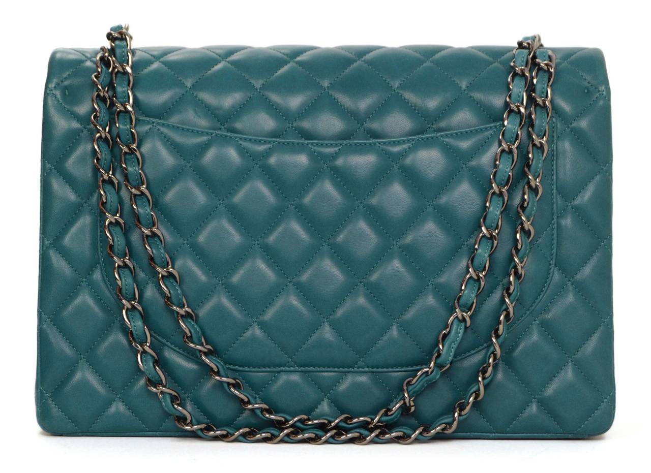 Chanel Teal Quilted Lambskin Classic Maxi Double Flap Bag RHW In Excellent Condition In New York, NY