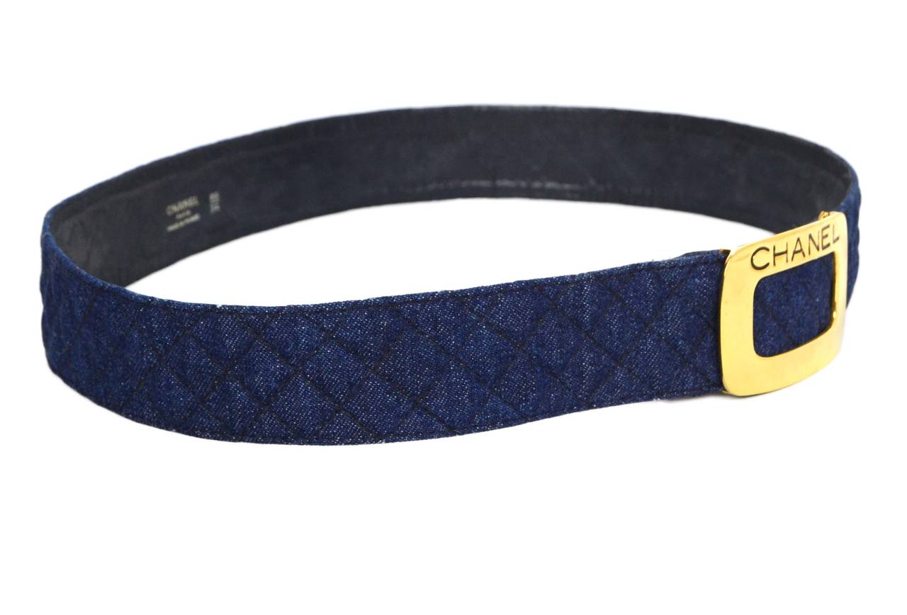 Chanel Blue Quilted Denim Belt 
Features large goldtone buckle with 