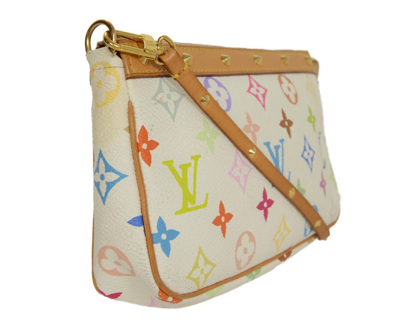 Louis Vuitton Multi-Colored Monogram Pochette 
Features goldtone studs throughout leather trim
Made In: France
Year of Production: 2003
Color: White, multi-colored monogram, tan and goldtone
Hardware: Goldtone
Materials: Coated canvas, leather