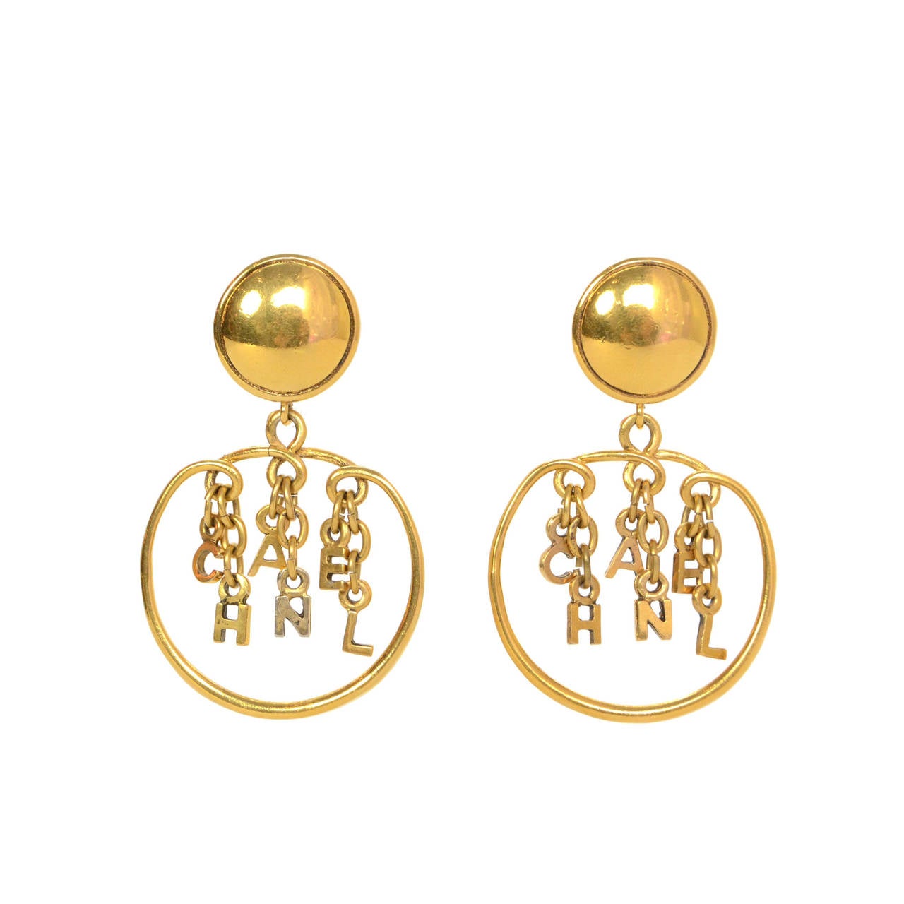 Chanel Vintage '80s Gold Charm Hoop Clip On Earrings