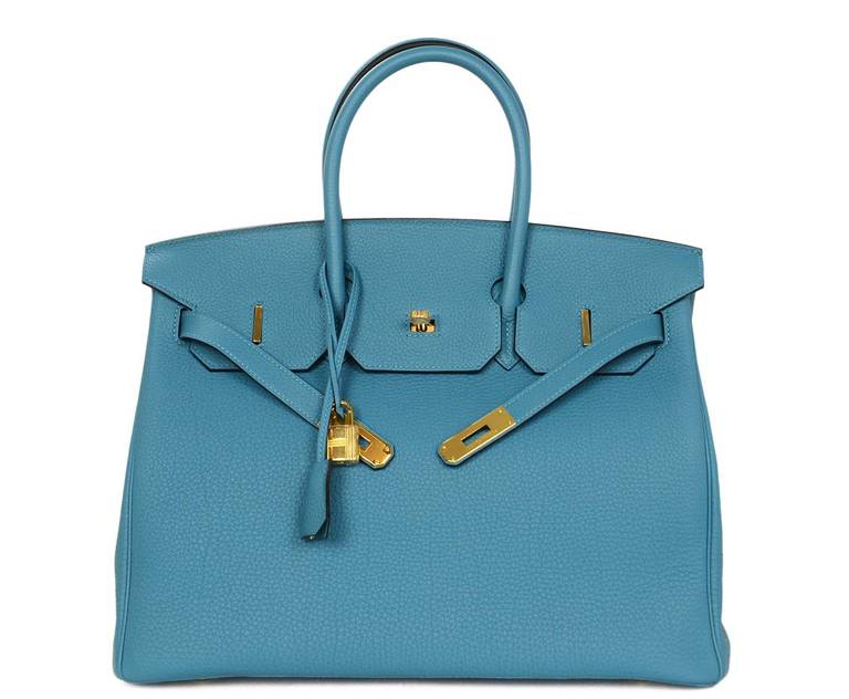 Women's or Men's Hermes New In Box 2014 Turquoise Togo Leather 35 Birkin Bag Ghw