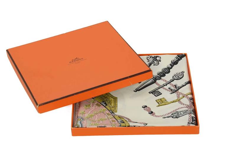Hermes Pink Keys Les Cles Silk 90cm Square Scarf In Excellent Condition In New York, NY