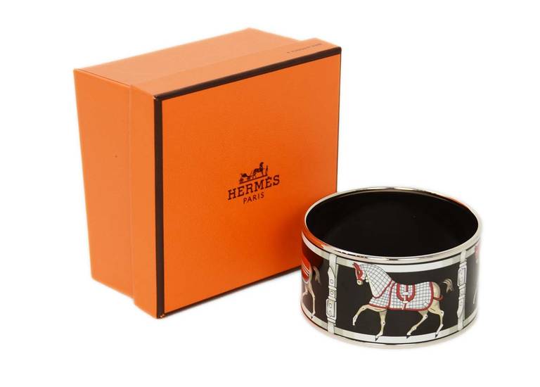 Women's or Men's HERMES Black Enamel Horse Print Extra Wide Bangle Bracelet RT $725