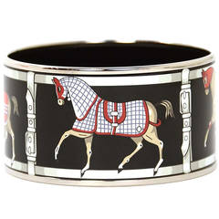 HERMES Black Enamel Horse Print Extra Wide Bangle Bracelet RT $725