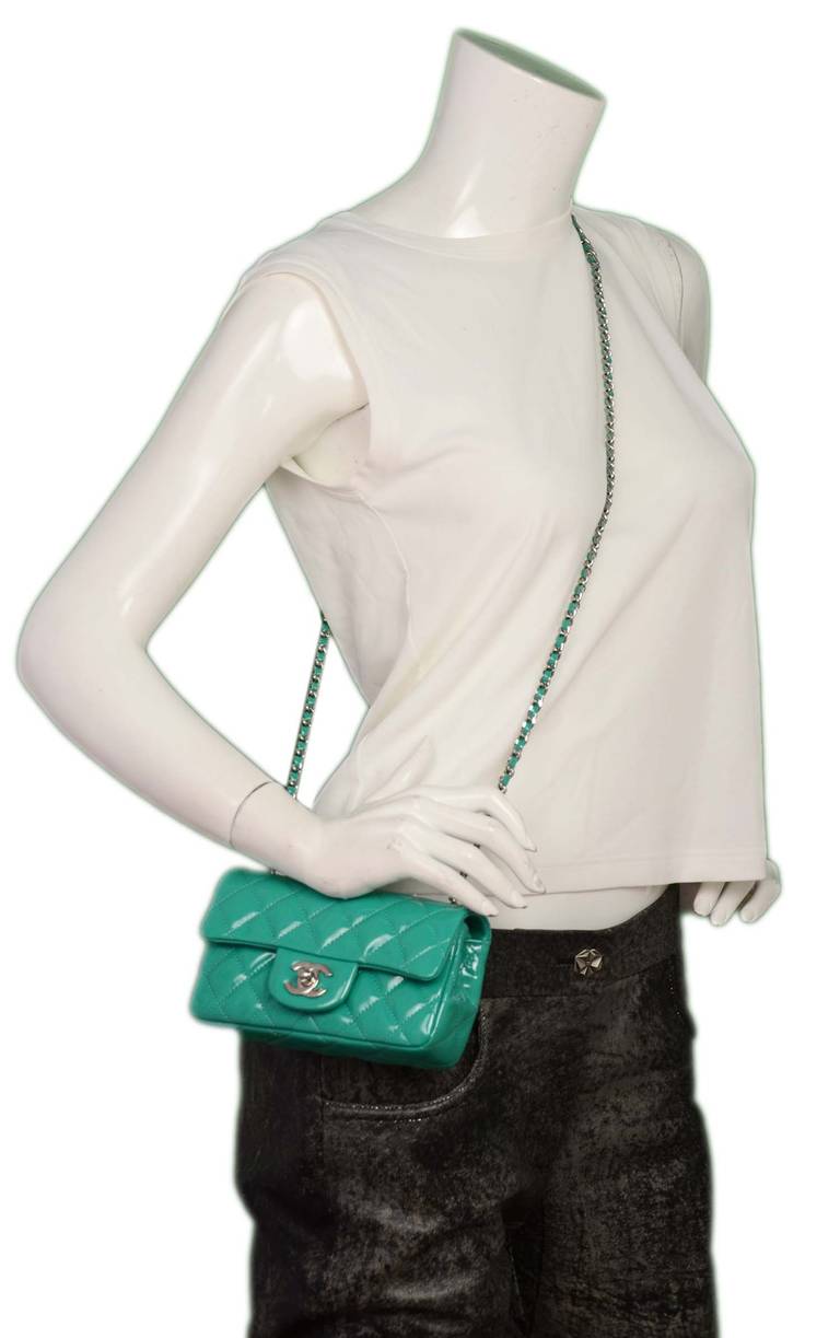 CHANEL Seafoam Green Quilted Patent Leather Extra Mini Crossbody Flap Bag 2