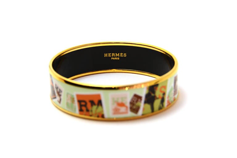 Hermes Light Green Horse and Carriage Stamps Print Wide Bangle sz 65 In Excellent Condition In New York, NY