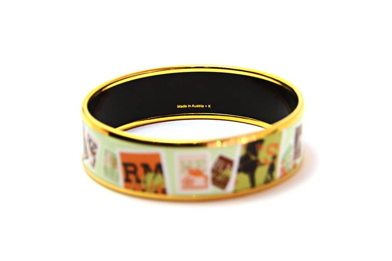 Women's Hermes Light Green Horse and Carriage Stamps Print Wide Bangle sz 65