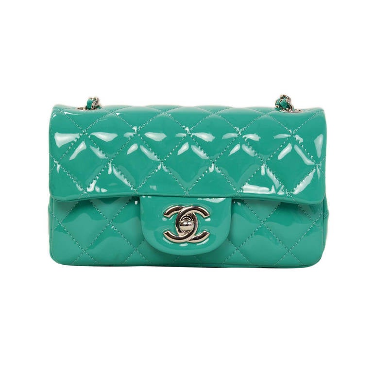 CHANEL Seafoam Green Quilted Patent Leather Extra Mini Crossbody Flap Bag at 1stdibs