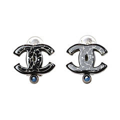 CHANEL Black Resin With Blue Rhinestone Clip-on CC Earrings