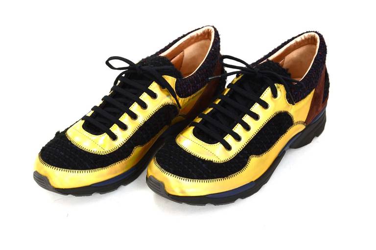 Chanel 2014 Runway Black and Gold Tweed Hologram Sneakers sz.41 rt.$1,350  at 1stDibs | chanel sneakers 41, chanel gold sneakers