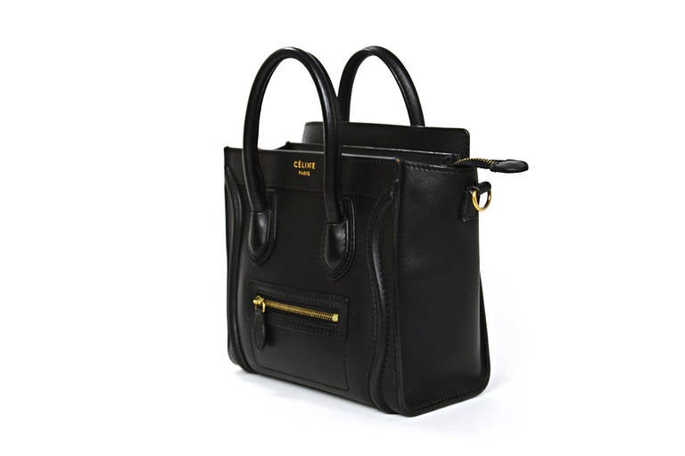 CELINE Black Leather Nano Luggage Tote With Strap