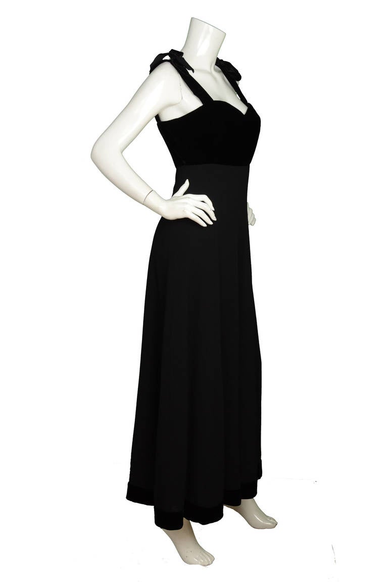 CHANEL Wool/velvet Long Dress With Bow Straps
•	Made in: France
•	Year of Production: 1993
•	Materials: 68% Rayon, 18% Rayon, 14% Silk(Bodice); Rest of dress is 100% Wool.
•	Labels: 