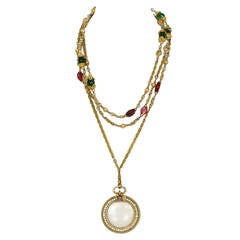 CHANEL 1983 X-Long Magnify Chain Necklace w/ Red & Green Gripoix Stones