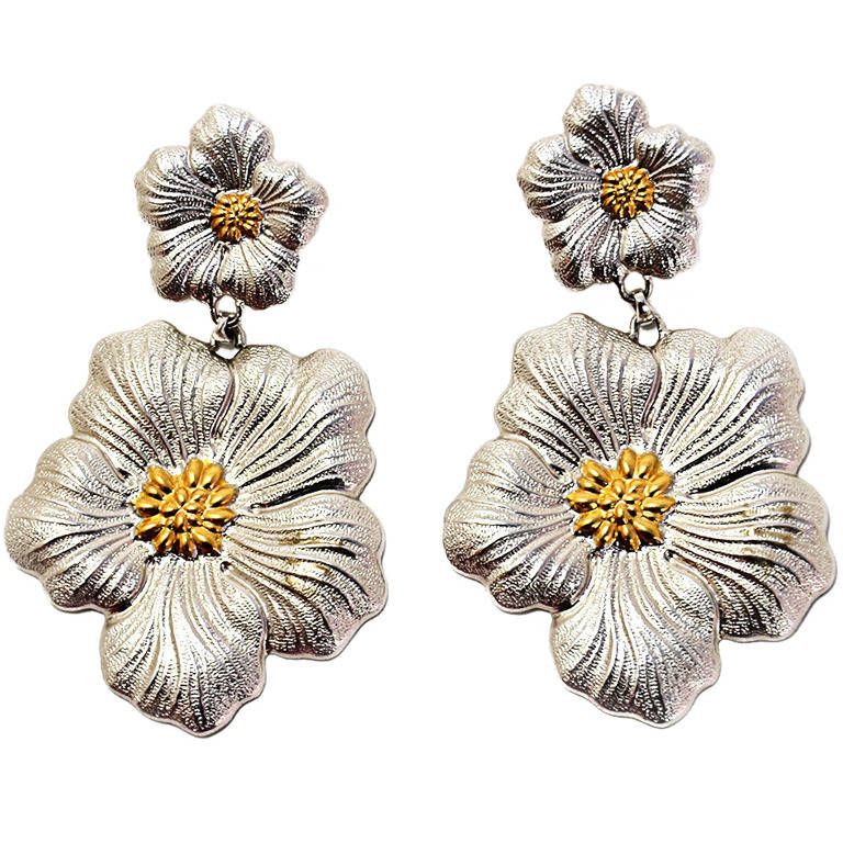 BUCCELLATI Sterling Gardenia Blossom Dangle Earrings w 18K Gold Accents