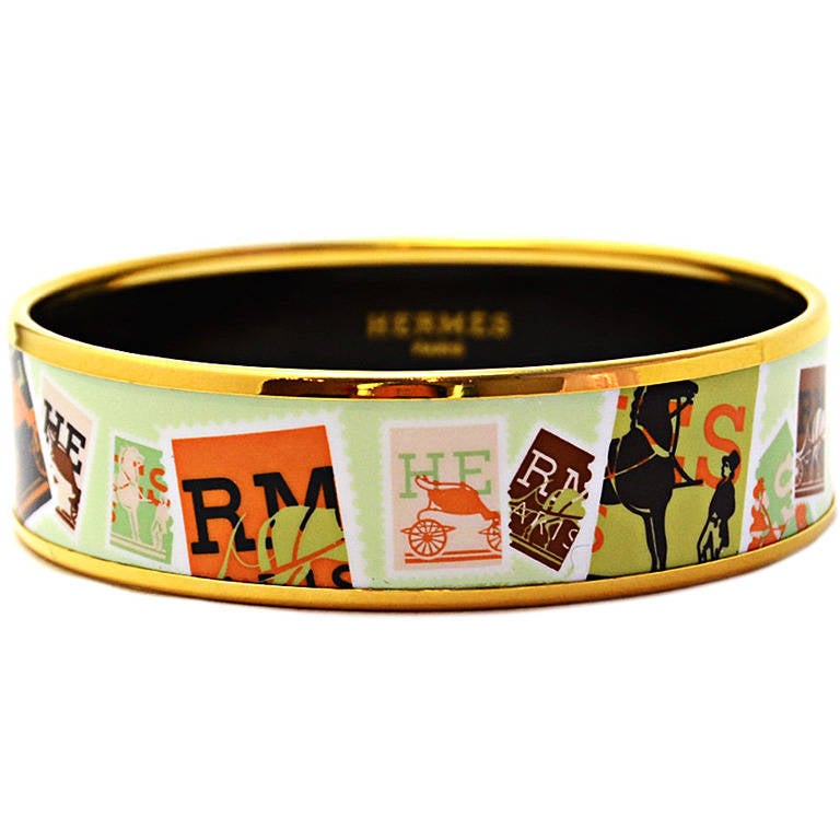 Hermes Light Green Horse and Carriage Stamps Print Wide Bangle sz 65
