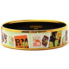 Hermes Light Green Horse and Carriage Stamps Print Wide Bangle sz 65
