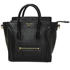 CELINE Black Leather Nano Luggage Tote With Strap