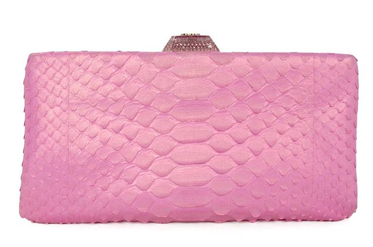 Chanel 2013 Pink Python Clutch Bag W Crystal Pushlock Rt.$3, 200 In Excellent Condition In New York, NY