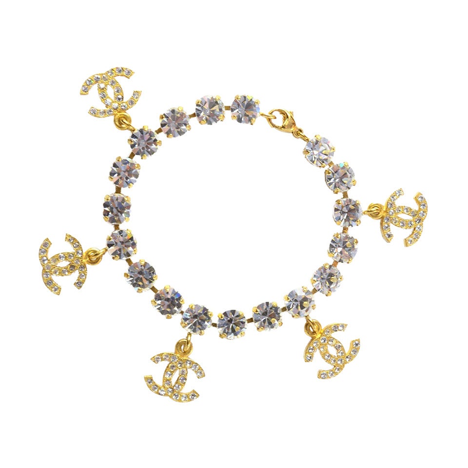 CHANEL Rare Vintage 90s Strass Crystal CC Bracelet sz L at 1stDibs