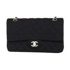 CHANEL Black Jersey Quilted Double Flap Classic Bag