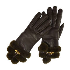 HERMES Brown Leather Gloves w/ Gold Medor & Mink Trim sz 7