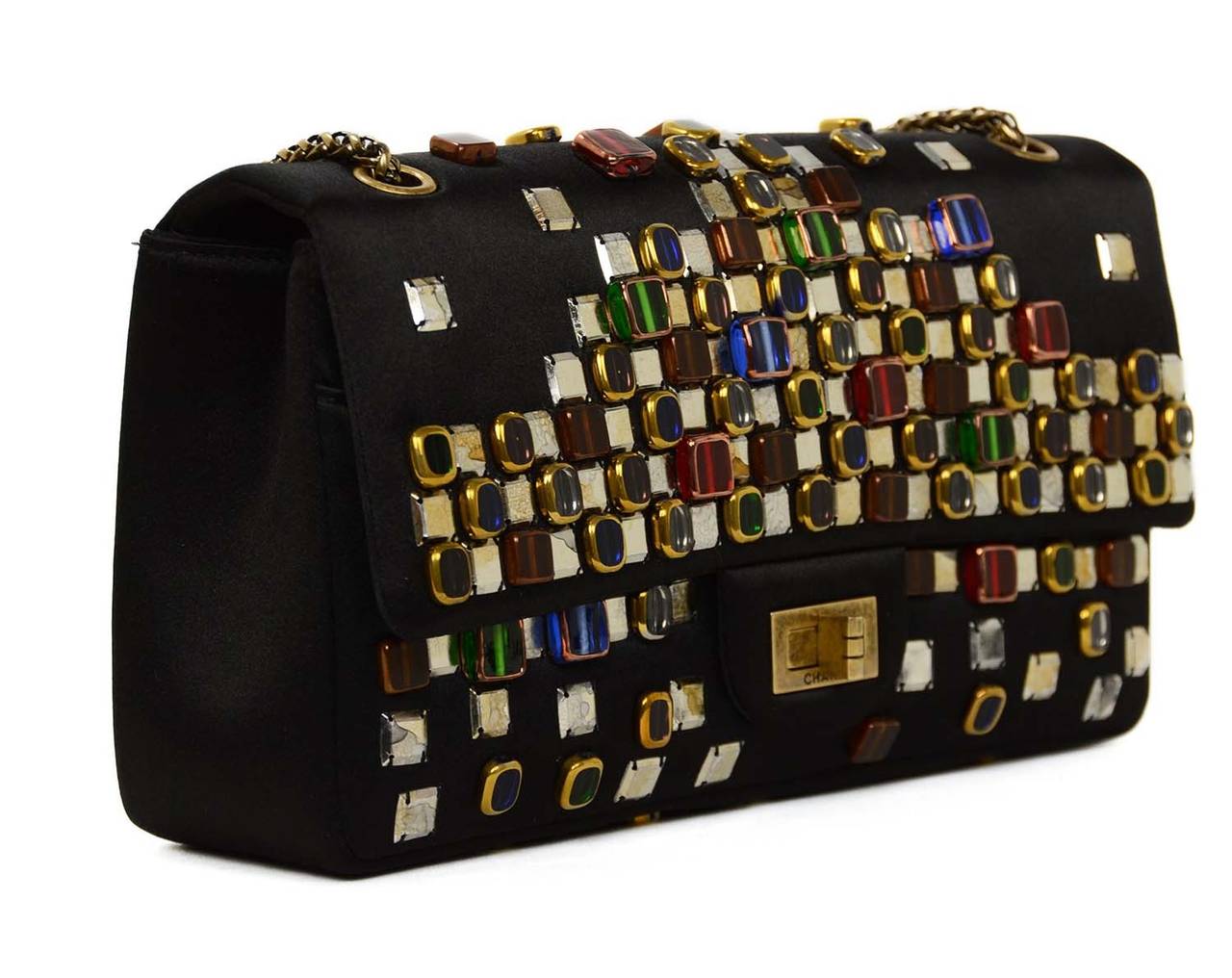CHANEL Paris-Byzance Black Satin Gripoix Jeweled 2.55 Flap Bag