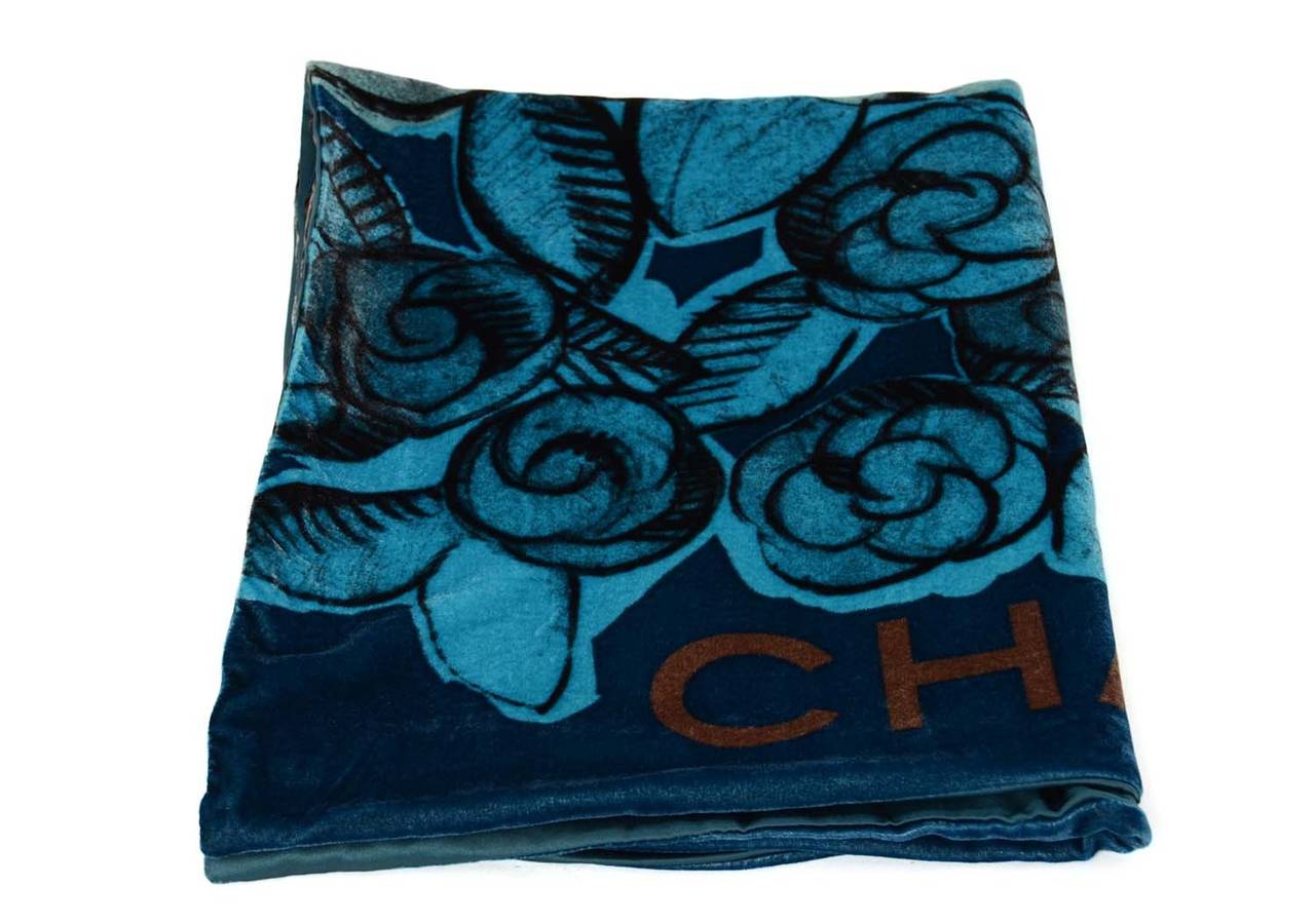 CHANEL Brown & Teal Velvet and Silk Floral Shawl Scarf In Excellent Condition In New York, NY