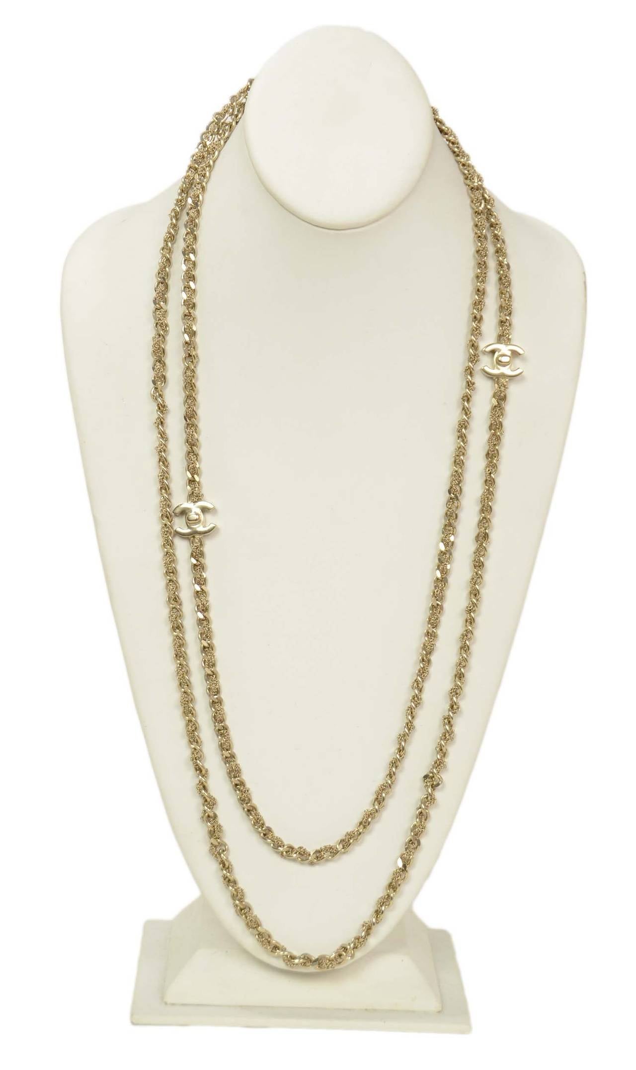 Chanel Braided Timeless Chains Necklace with CCs

can be worn long or doubled
Made in: Italy
Year of Production: 2012
Color: Light gold
Materials: Brushed metal
Hardware: Brushed light gold
Stamps: CHANEL B12 CC P MADE IN ITALY
Includes: