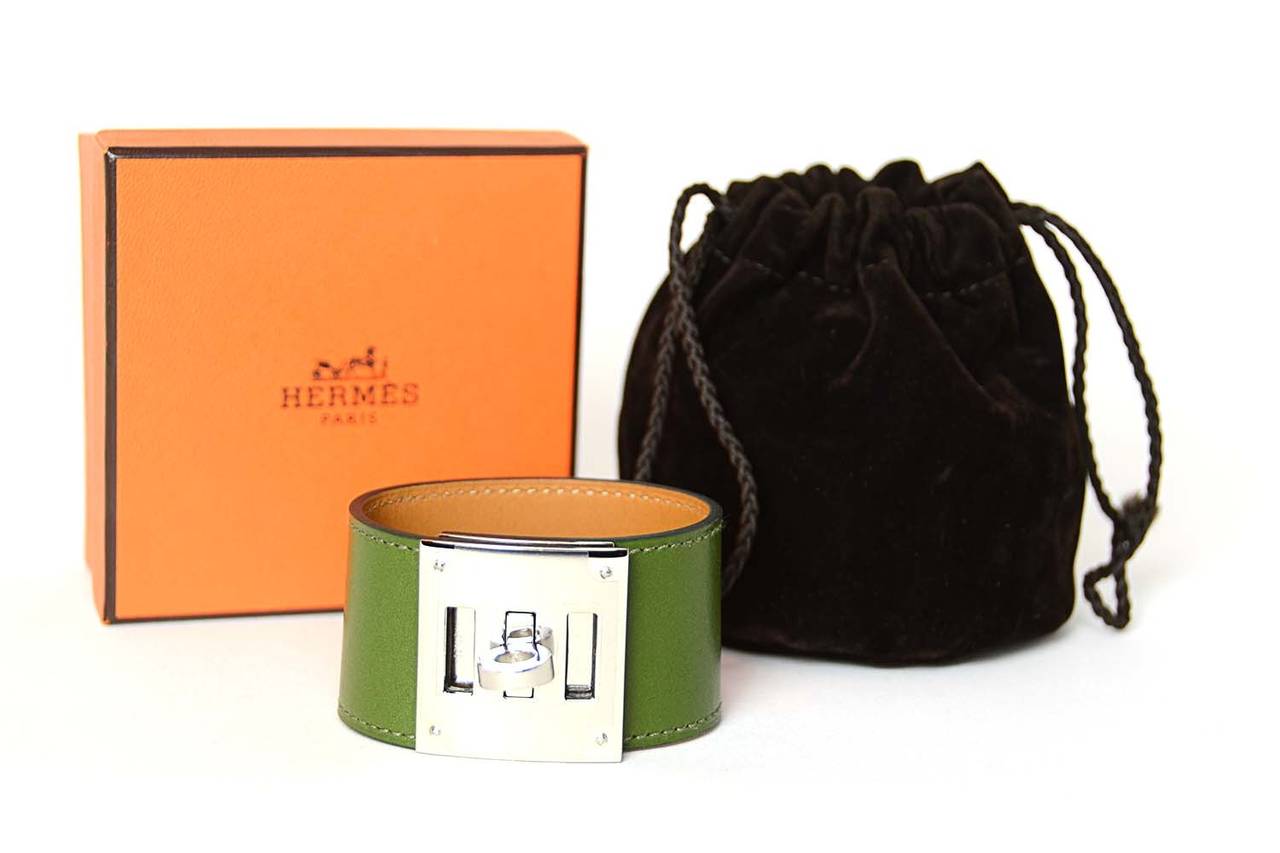 Hermes 2013 Olive Green Swift Leather Kelly Dog Cuff Bracelet - New in Box