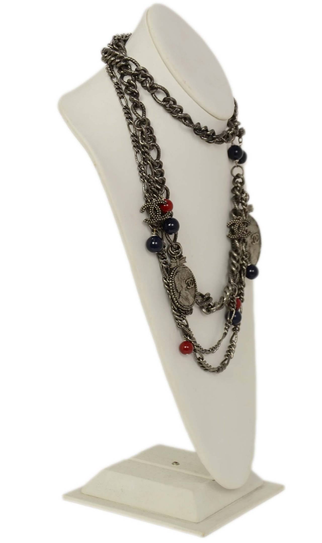 CHANEL Antiqued Silver Chain Link Belt W/ CC Cameo Charms and Red & Navy Beads