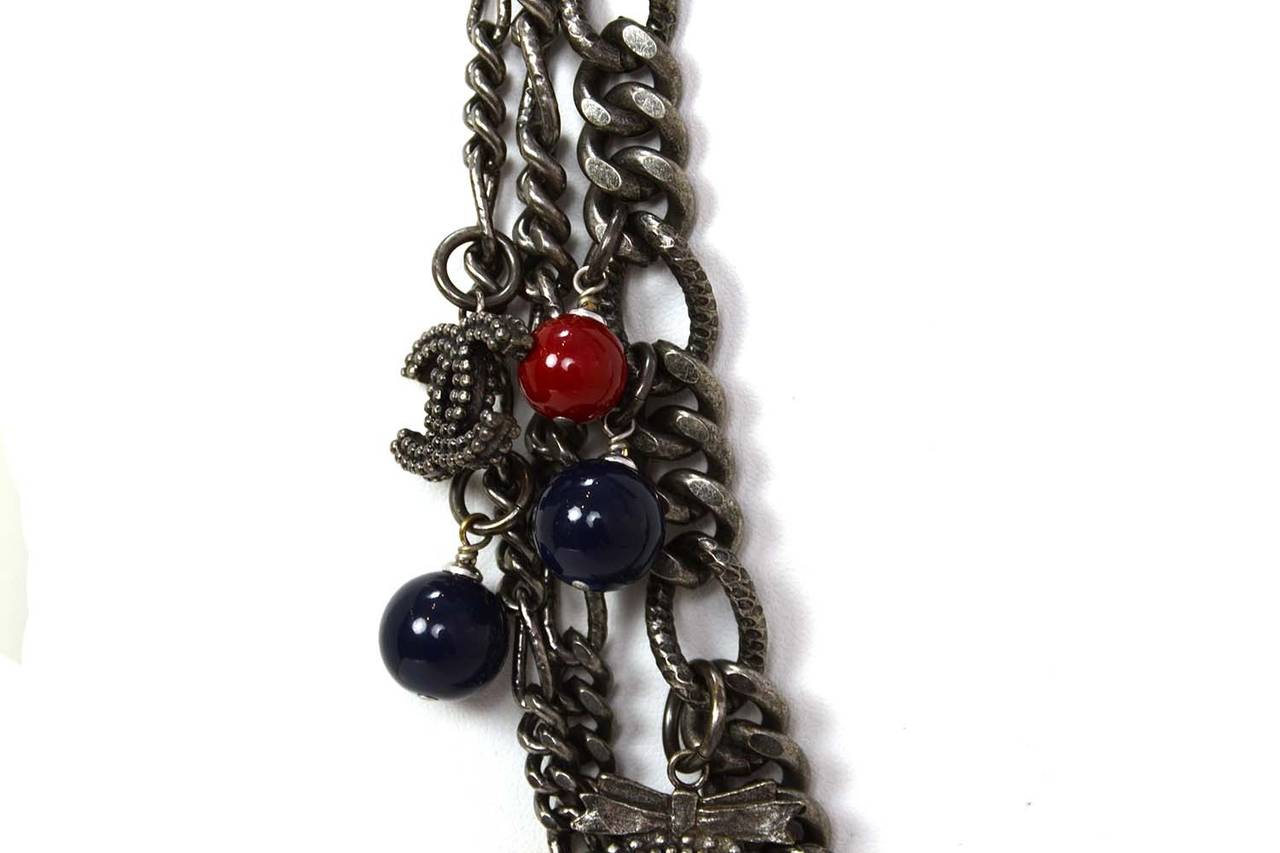 Women's or Men's CHANEL Antiqued Silver Chain Link Belt W/ CC Cameo Charms and Red & Navy Beads