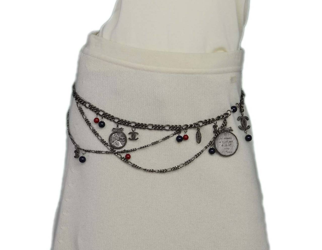 CHANEL Antiqued Silver Chain Link Belt W/ CC Cameo Charms and Red & Navy Beads 4