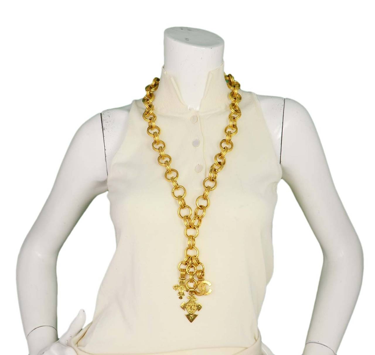 Chanel 1994 Extra Heavy Goldtone Chain Link Necklace W/ CC & Cross Charms 2