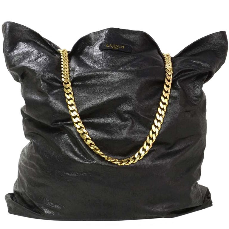 LANVIN Black Distressed Leather "Paper Bag" Tote w/ Chain rt. $1, 747 at  1stDibs | lanvin black tie bag