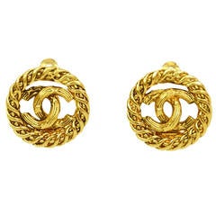 CHANEL Goldtone CC Clip On Earrings w/ Braided Border