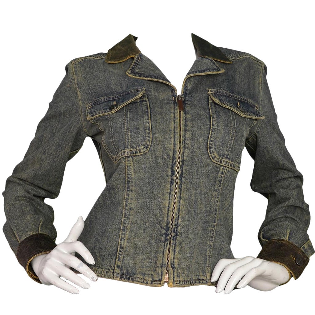 CHANEL Distressed Denim Jacket With Leather Trim at 1stDibs