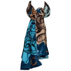 CHANEL Brown & Teal Velvet and Silk Floral Shawl Scarf