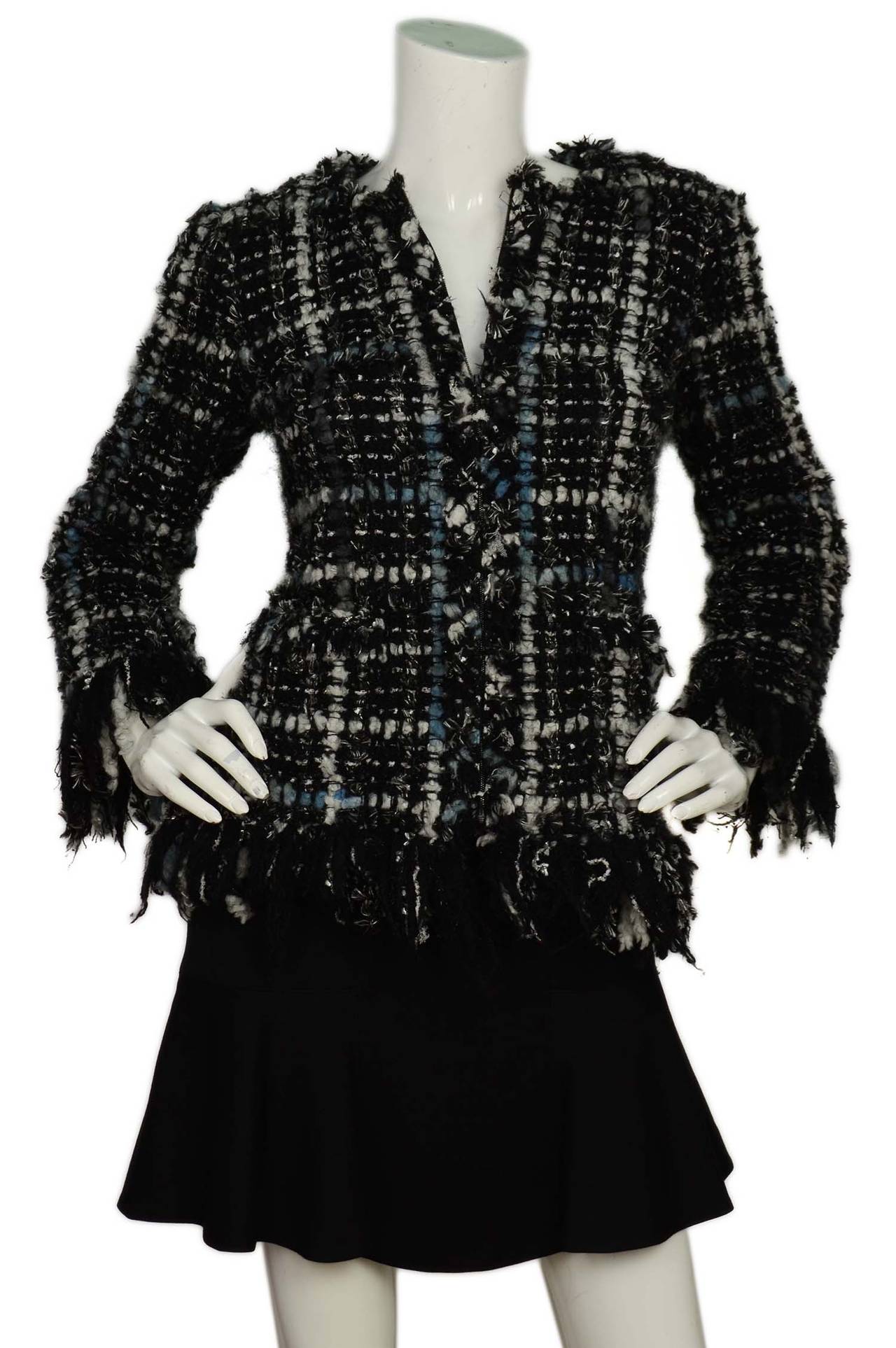 CHANEL Blue/Black Tweed Zip Front Jacket w. Fringe Trim sz. 36 at