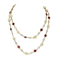 Chanel 1981 Red and Clear Crystal and Faux Pearl 36" Sautoir Necklace 12
