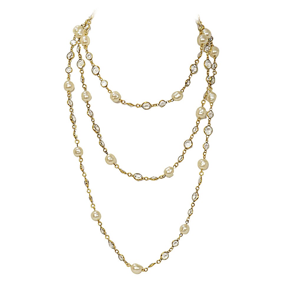 Chanel 1981 Clear Crystal and Faux Pearl 62" Sautoir Necklace