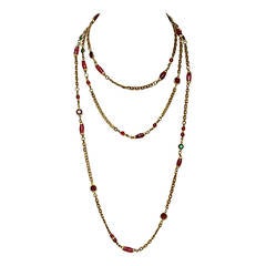 Chanel 1984 Red and Green Crystal with Pink Gripoix 64" Chain Necklace 12