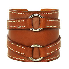 HERMES 2010 Tan Leather Thick Cuff Bracelet W/ Silvertone Circle Detail