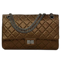 CHANEL Bronze Distressed Leather Quilted 226 Double Flap 2.55 Classic Bag