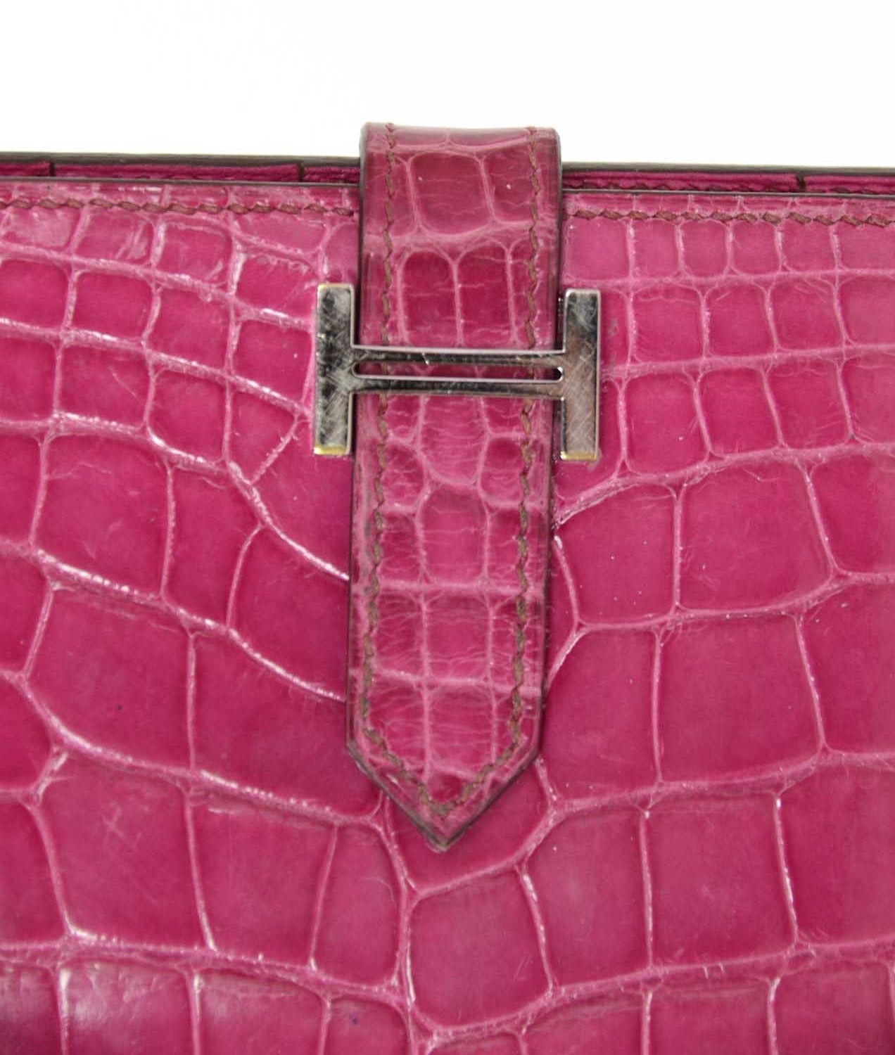 HERMES '05 Pink Rose Tyrien Glazed Alligator Bearn H Wallet PHW 5