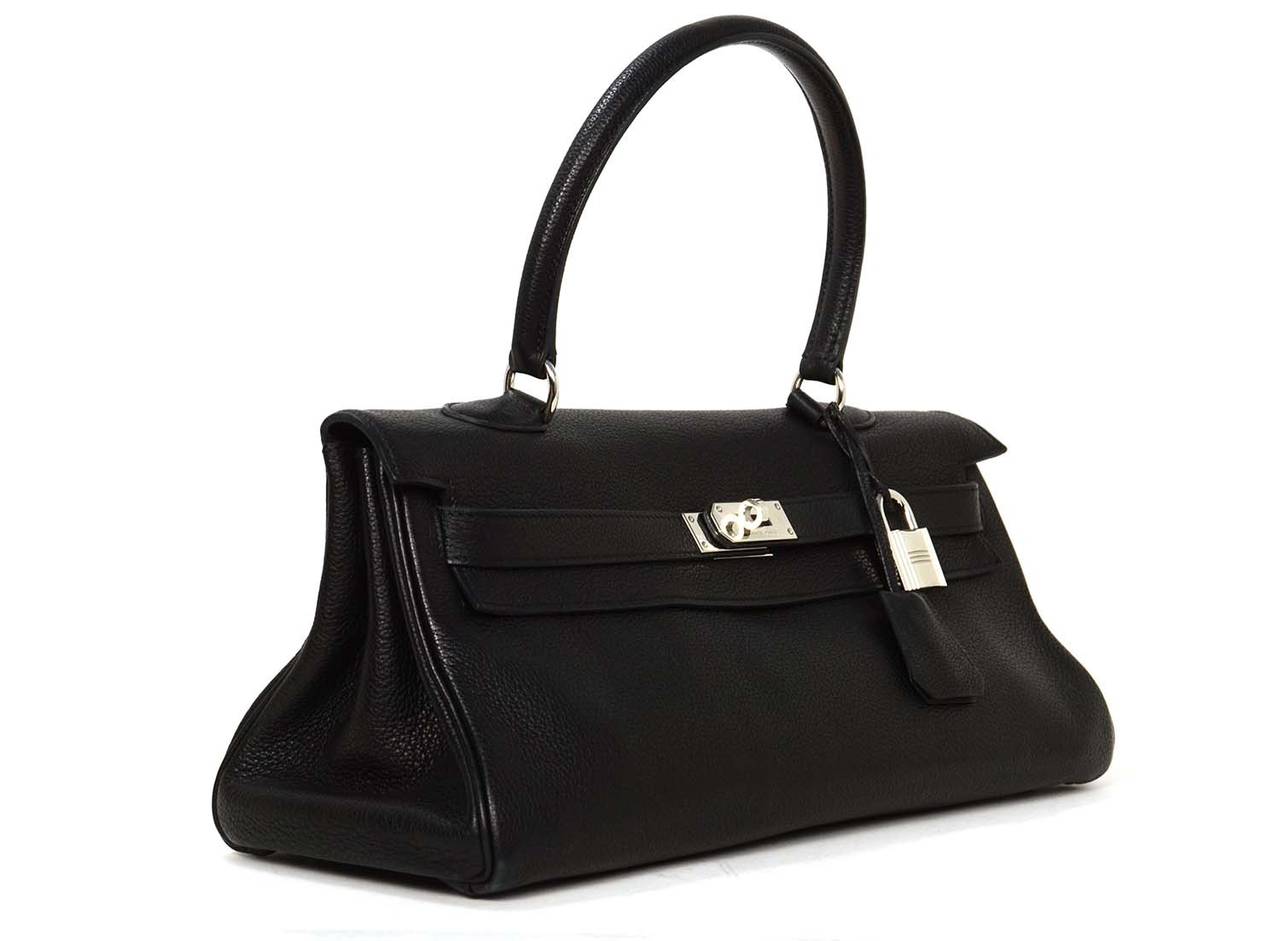 Hermes 42cm Black Clemence Shoulder Kelly

Made in: France
Year of Production: 2009
Color: Black
Materials: Clemence leather
Hardware: Palladium silver
Lining: Black Chevre leather
Exterior Pockets: n/a
Interior Pockets:
Opening: Front