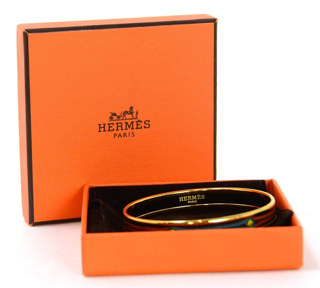 Women's HERMES Black Narrow Enamel Bangle w. Rope Print sz 65