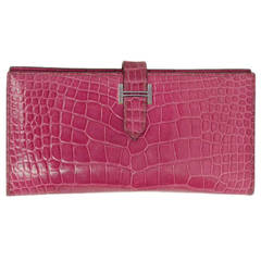 HERMES '05 Pink Rose Tyrien Glazed Alligator Bearn H Wallet PHW