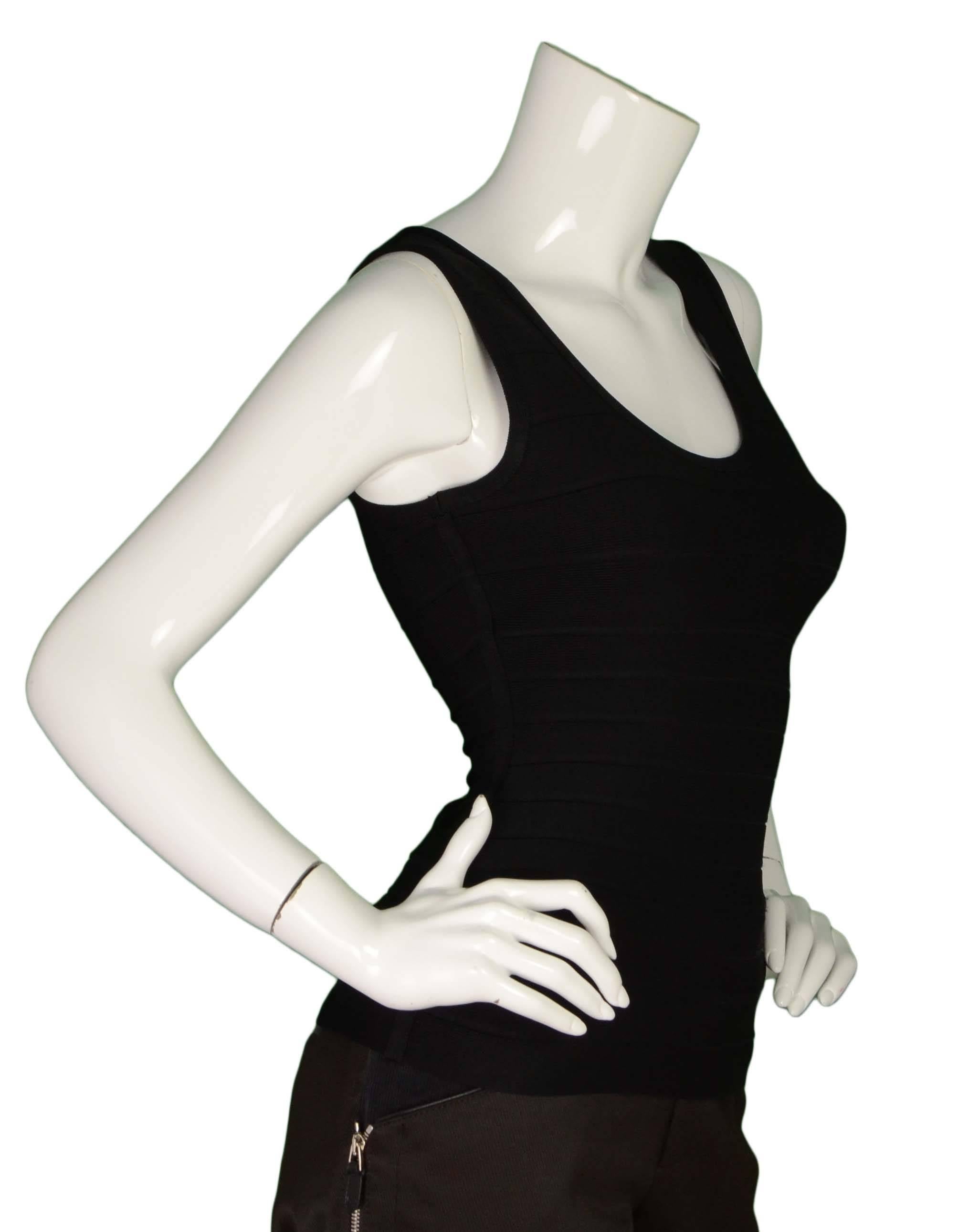 Herve Leger Black Sleeveless Bandage Top 
Features scoop neckline and back exposed zipper
Made In: China
Color: Black
Composition: 90% rayon, 9% nylon, 1% spandex
Lining: None
Closure/Opening: Back center zip up
Exterior Pockets: